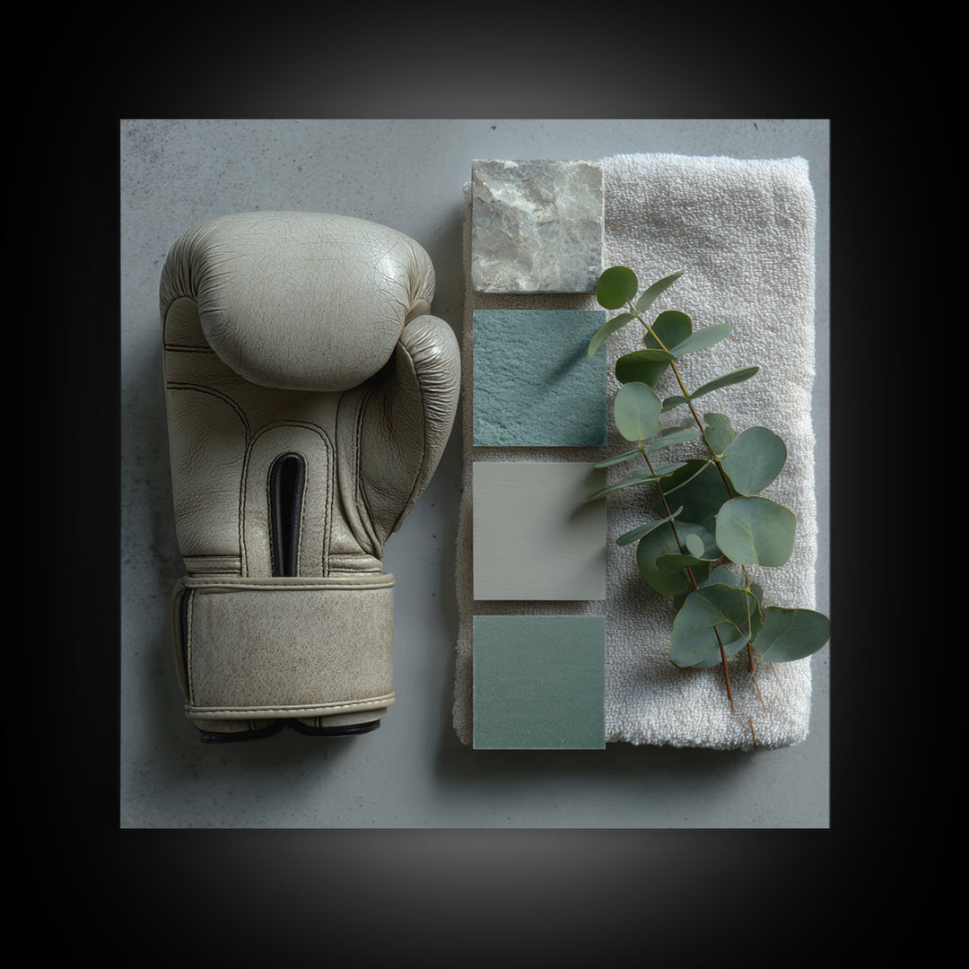 Boxing Glove and Towel Still Life Framed Canvas Print, Gym Art, Cool Posters, Gym Decor, Fine Art, Strength, Gallery Decor, GYM-1x1-64