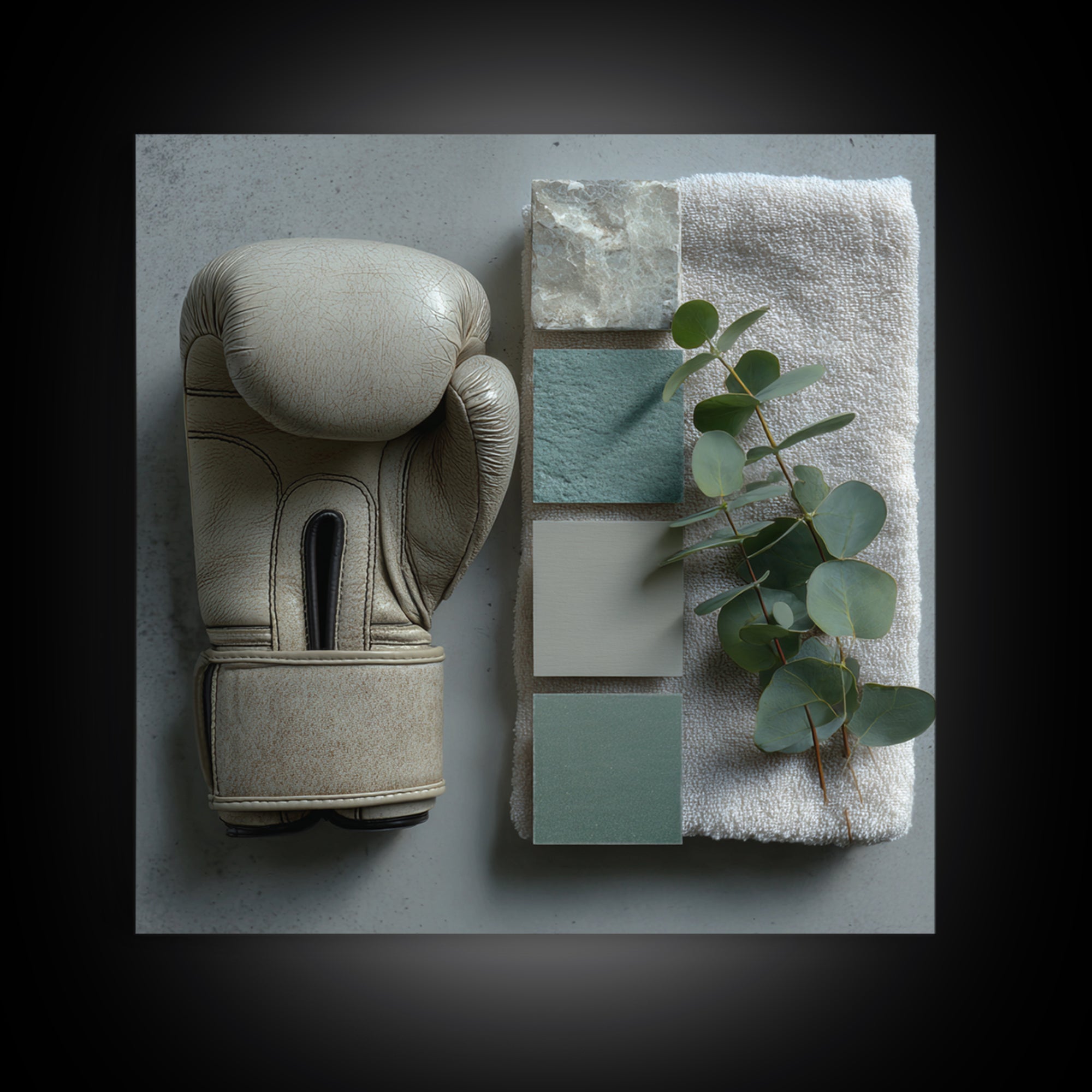 Boxing Glove and Towel Still Life Framed Canvas Print, Gym Art, Cool Posters, Gym Decor, Fine Art, Strength, Gallery Decor, GYM-1x1-64