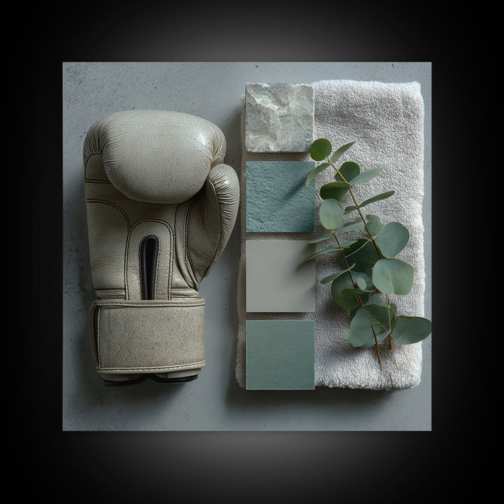 Boxing Glove and Towel Still Life Framed Canvas Print, Gym Art, Cool Posters, Gym Decor, Fine Art, Strength, Gallery Decor, GYM-1x1-64