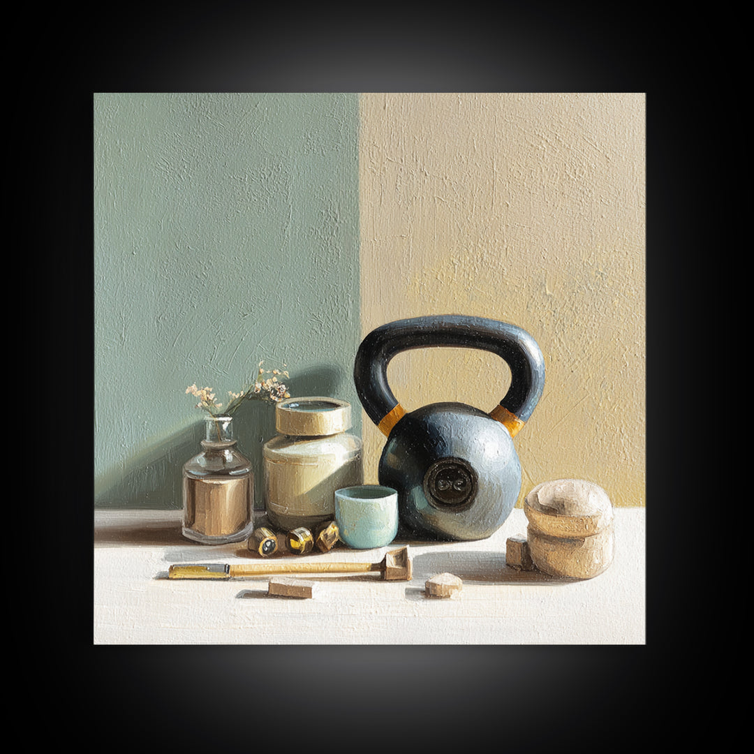 Kettlebell Still Life Canvas Print, Gym Art, Statement Artwork, Gym Decor, Fine Art, Strength, Canvas Wall Art, GYM-1x1-9