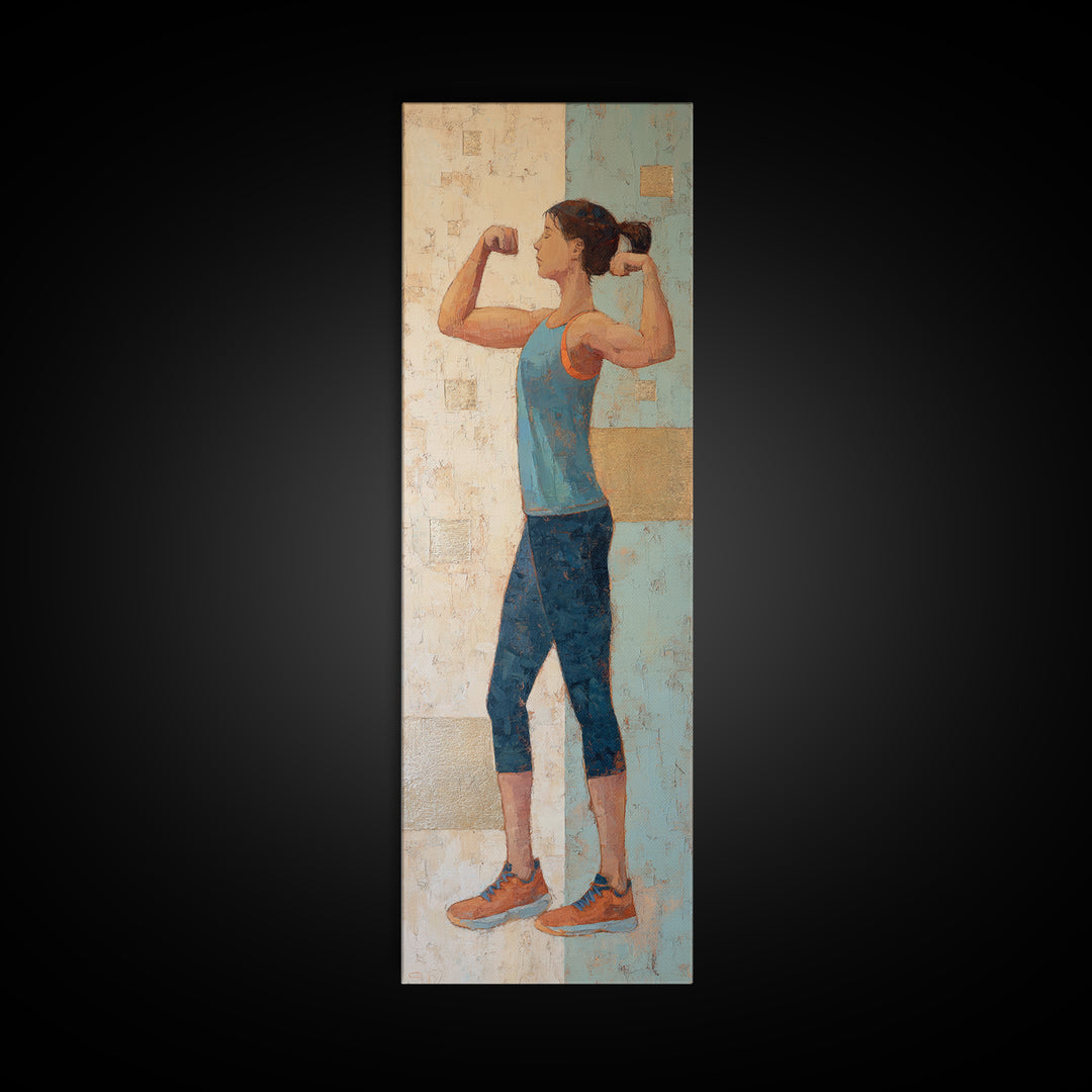 Female Weightlifter with Triumphant Stance Framed Canvas Print, Gym Art, Man Cave Decor, Gym Decor, Fine Art, Strength, GYM-1x3-19