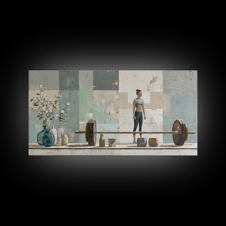 Female Weightlifter with Triumphant Stance Framed Canvas Print, Gym Art, Boho Decor, Gym Decor, Oil Painting, Strength, GYM-2x1-27