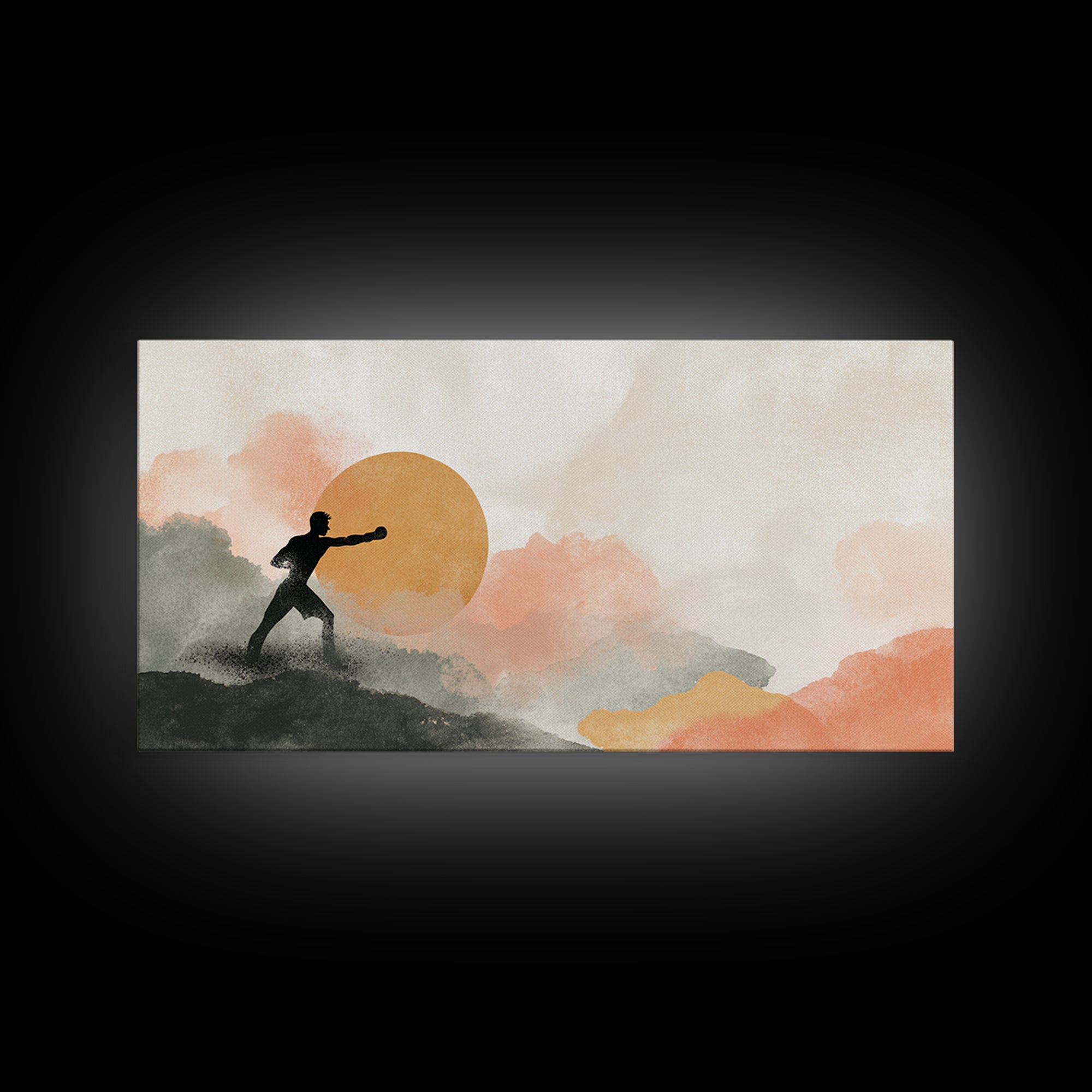Powerful Boxer Silhouette Framed Canvas Print, Gym Art, Man Cave Decor, Gym Decor, Fine Art, Strength, Home Gym Decor, GYM-2x1-45