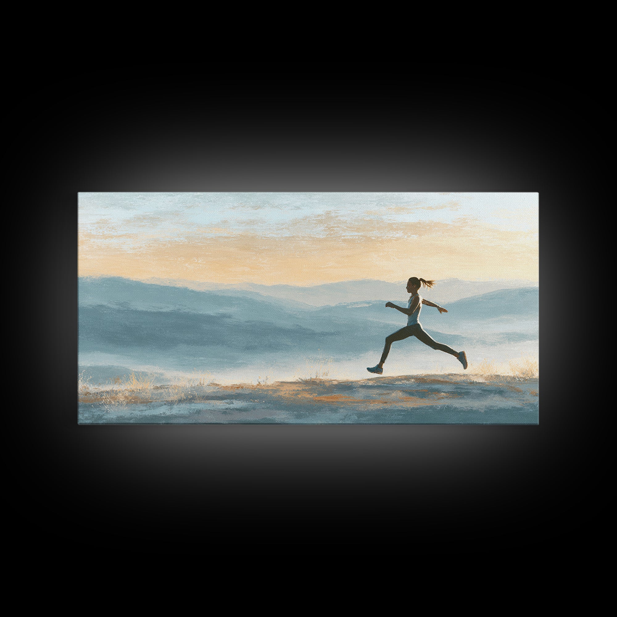 Runner on Mountain Ridge at Sunrise Framed Canvas Print, Gym Art, Canvas Wall Art, Gym Decor, Watercolor Art, Strength, GYM-2x1-56
