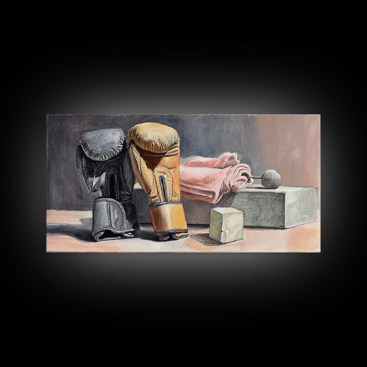 Boxing Glove and Towel Still Life Framed Canvas Print, Gym Art, Living Room Decor, Gym Decor, Oil Painting, Strength, GYM-2x1-60