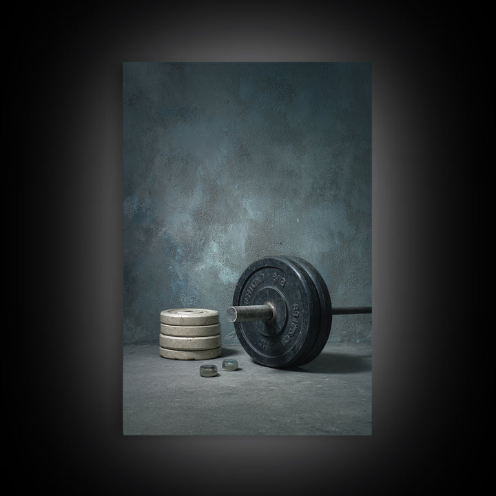 Barbell and Plates Framed Canvas Print, Gym Art, Printable Wall Art, Gym Decor, Fine Art, Strength, Sports Decor, Cool Posters, GYM-2x3-34