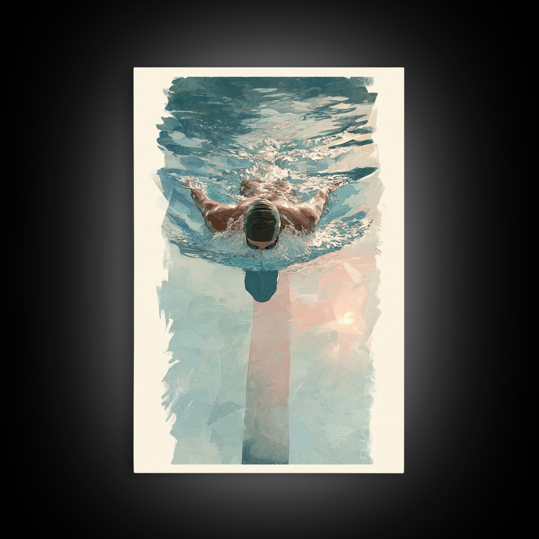 Swimmer Cutting Through Blue Water Framed Canvas Print, Gym Art, Living Room Decor, Gym Decor, Oil Painting, Strength, GYM-2x3-51