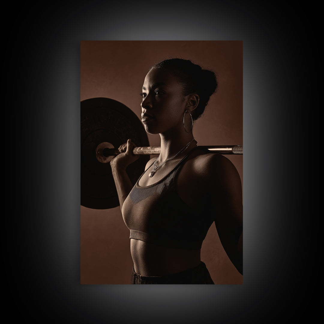 Barbell and Plates Canvas Print, Gym Art, Black Girl Wall Art, Gym Decor, Fine Art, Strength, Gym Sign, Motivational Art, GYM-2x3-58