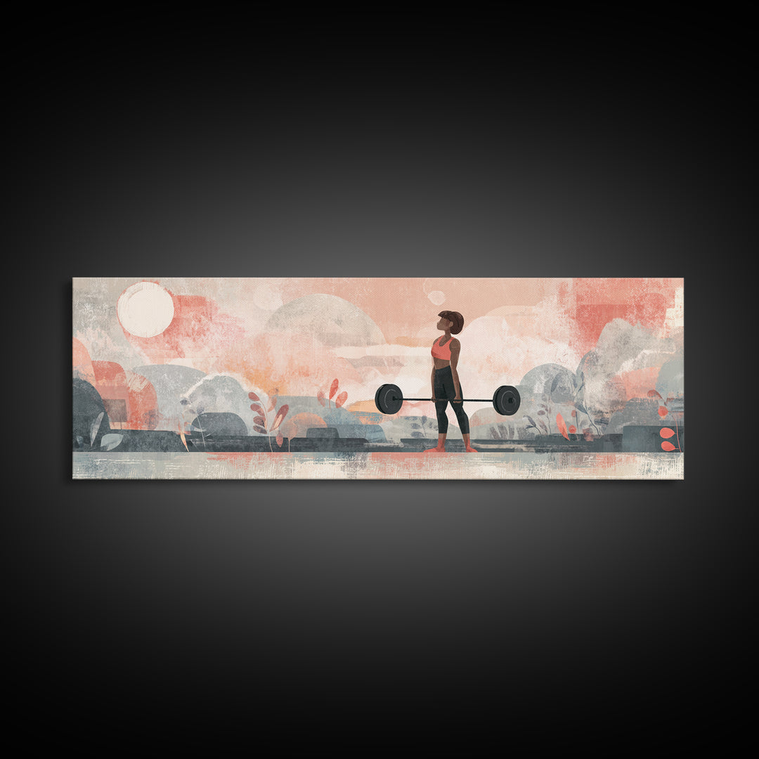 Female Weightlifter with Triumphant Stance Framed Canvas Print, Gym Art, Art Print, Gym Decor, Strength, Abstract Wall Art, GYM-3x1-23