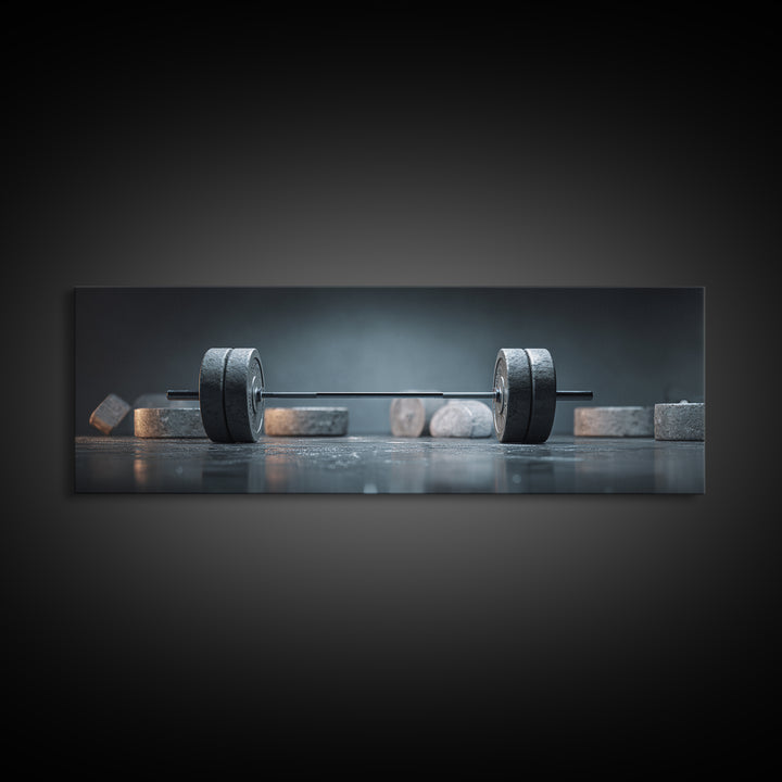 Barbell and Plates Framed Canvas Print, Gym Art, Gym Decor, Fine Art, Strength, Luxury Decor, Art Print, Room Decor, GYM-3x1-90