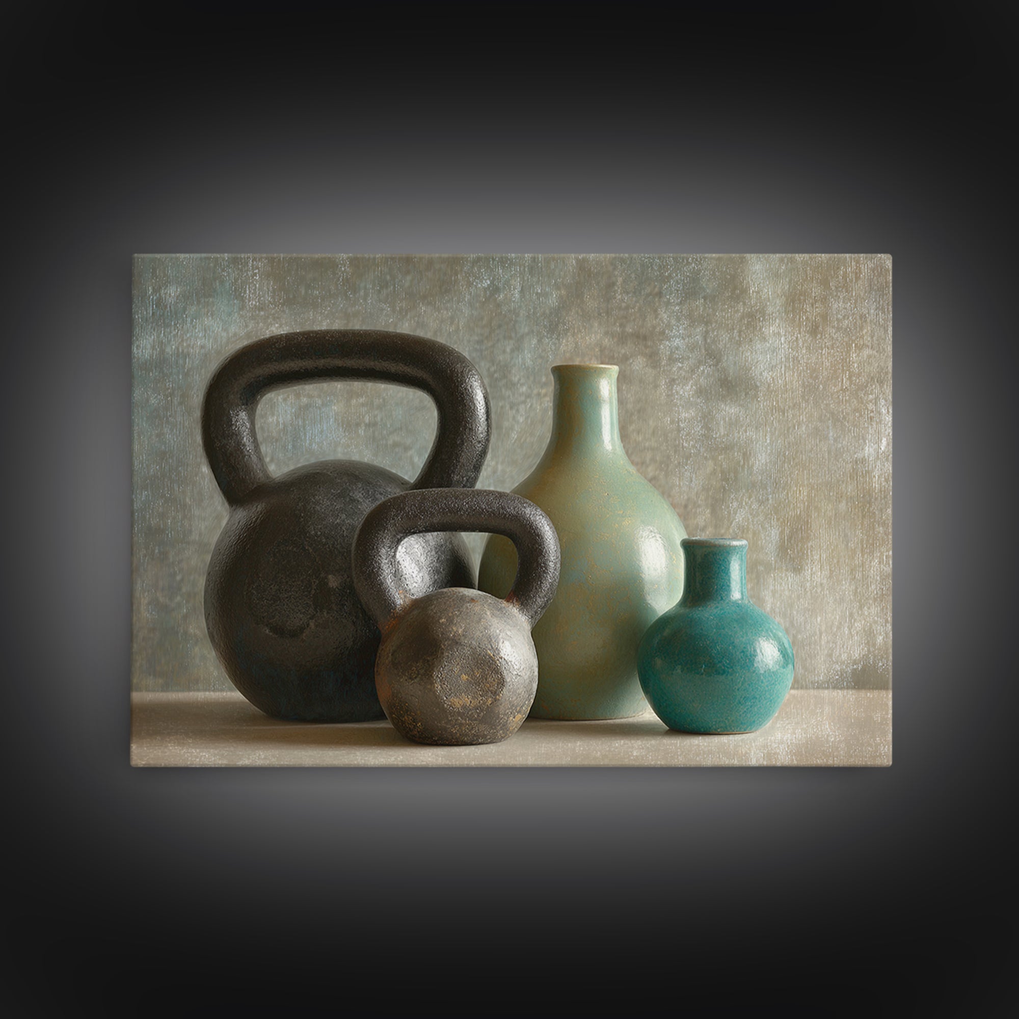 Kettlebell Still Life Canvas Print, Gym Art, Speakeasy Art, Gym Decor, Oil Painting, Strength, Minimalist Decor, GYM-3x2-37