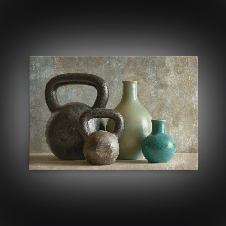Kettlebell Still Life Canvas Print, Gym Art, Speakeasy Art, Gym Decor, Oil Painting, Strength, Minimalist Decor, GYM-3x2-37