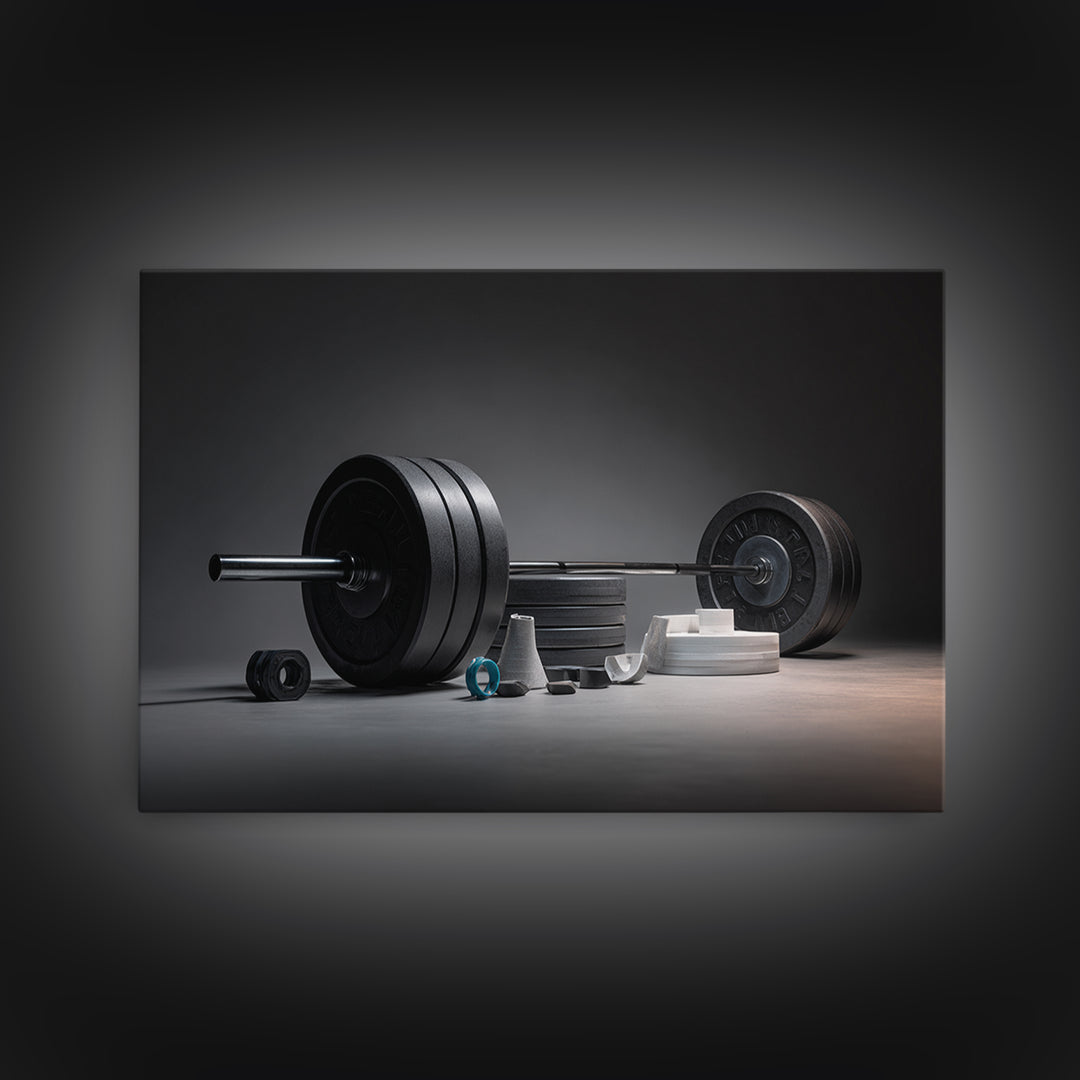 Barbell and Plates Framed Canvas Print, Gym Art, Wall Decoration, Gym Decor, Fine Art, Strength, Speakeasy Art, Home Gym Sign, GYM-3x2-6