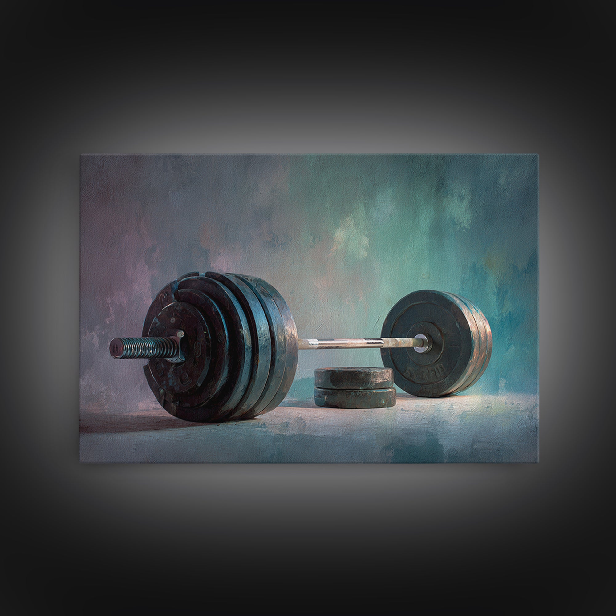 Barbell and Plates Framed Canvas Print, Gym Art, Framed Canvas, Gym Decor, Fine Art, Strength, Textured Painting, GYM-3x2-78