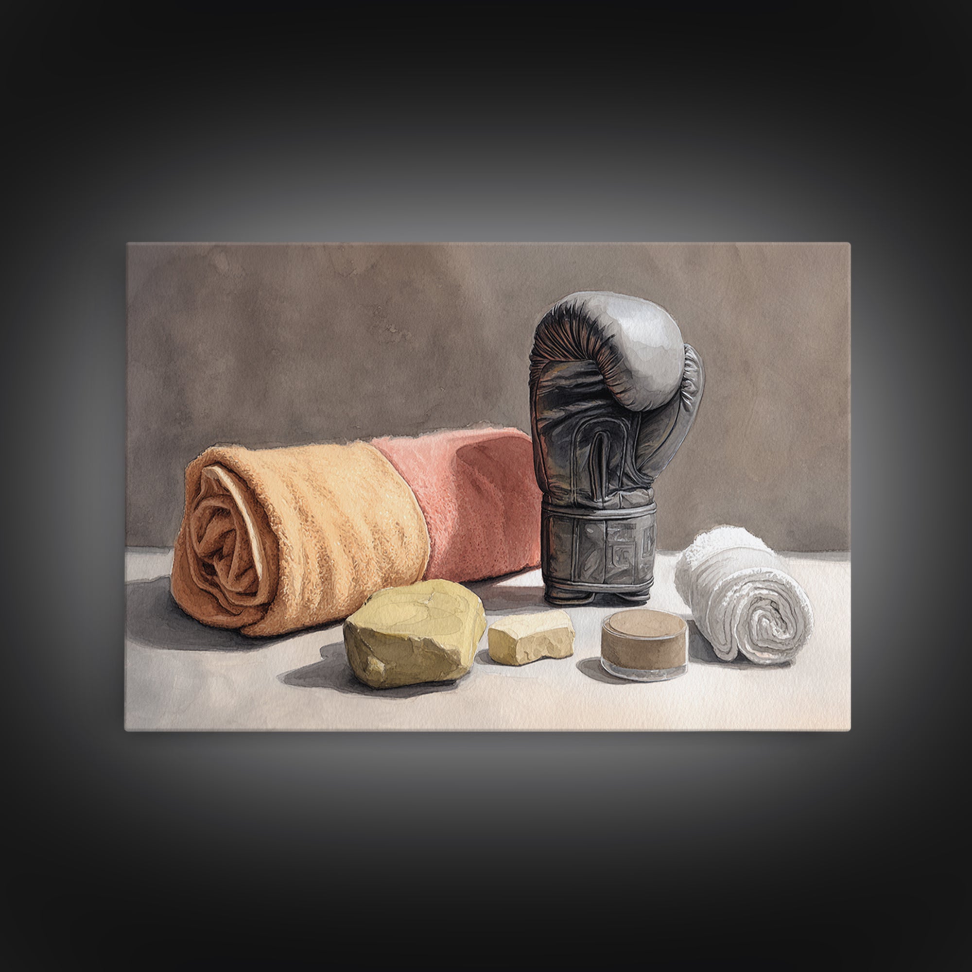 Boxing Glove and Towel Still Life Framed Canvas Print, Gym Art, Print, Gym Decor, Fine Art, Strength, Wall Decoration, GYM-3x2-92