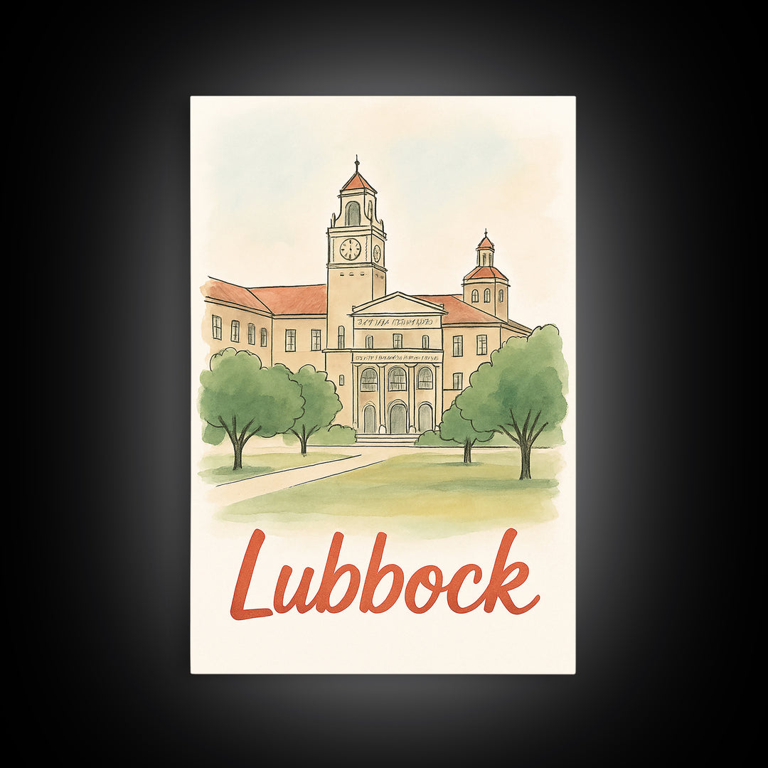 Lubbock Texas Travel Poster, Canvas Print, Watercolor City Skyline Art, Lubbock Art Print, Travel Poster Art, Home Office Decor, Wall Art