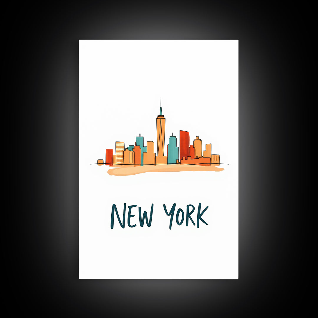 New York Travel Poster, Framed Canvas Print, Soft Sketch Travel Art, New York Art Print, Vintage Travel Print, City Travel Prints