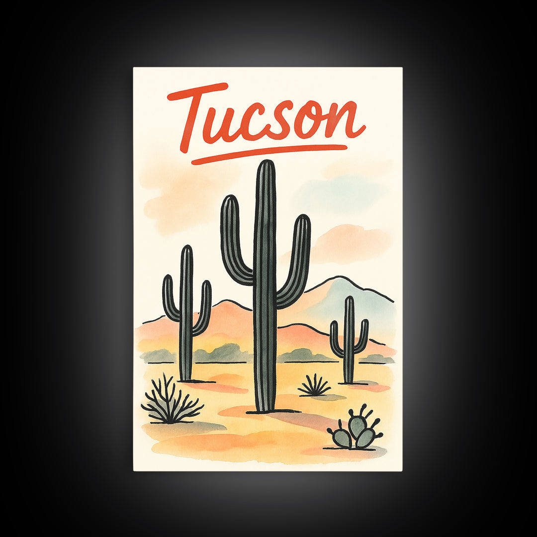 Tucson Travel Poster, Framed Canvas Print, Watercolor Urban Skyline Art, Tucson Travel Art, Gift For Travelers, City Travel Prints