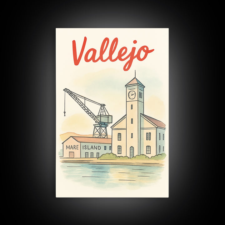 Vallejo California Travel Poster, Canvas Print, Hand Drawn Watercolor Art, Vallejo Poster Print, City Travel Prints, Retro Travel Print