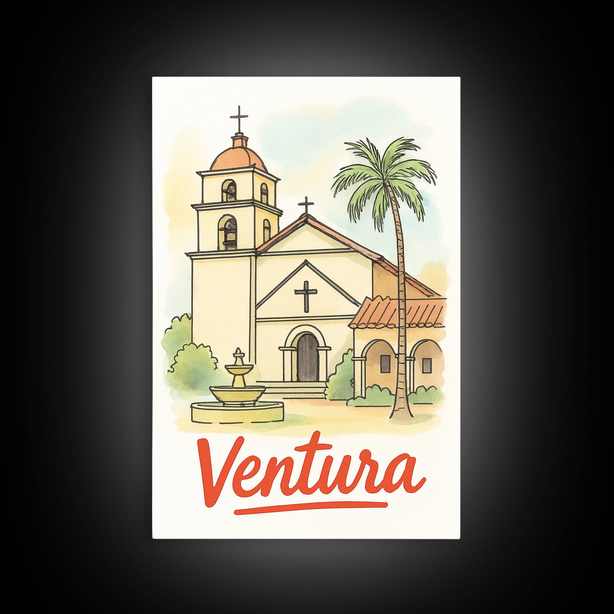 Ventura California Travel Poster, Framed Canvas Print, Illustrated City Wall Art, Ventura City Art, Travel Poster Art, Gift For Travelers