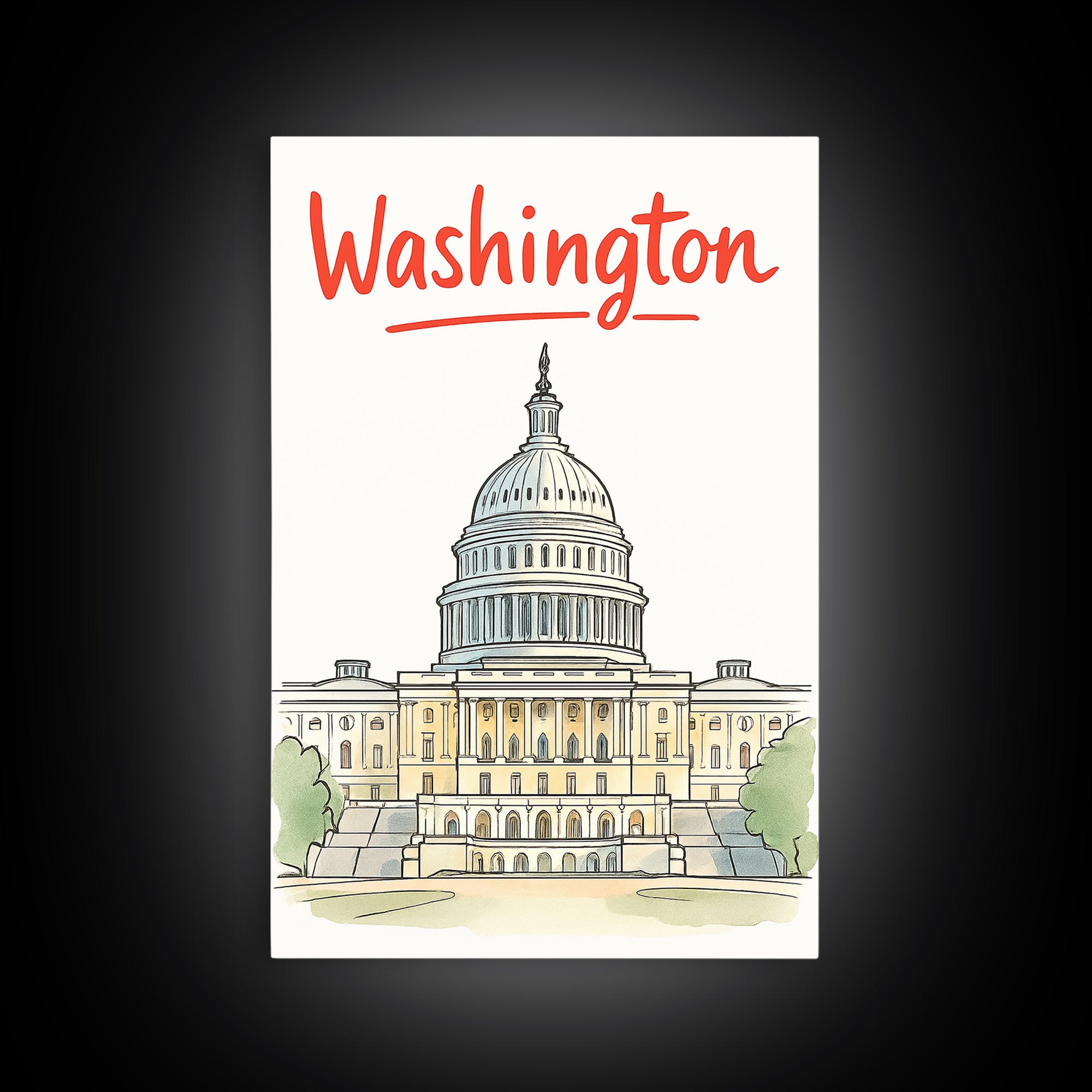 Washington Travel Poster, Framed Canvas Print, Soft Sketch Travel Art, Washington Poster Print, Travel Poster Art, City Illustration