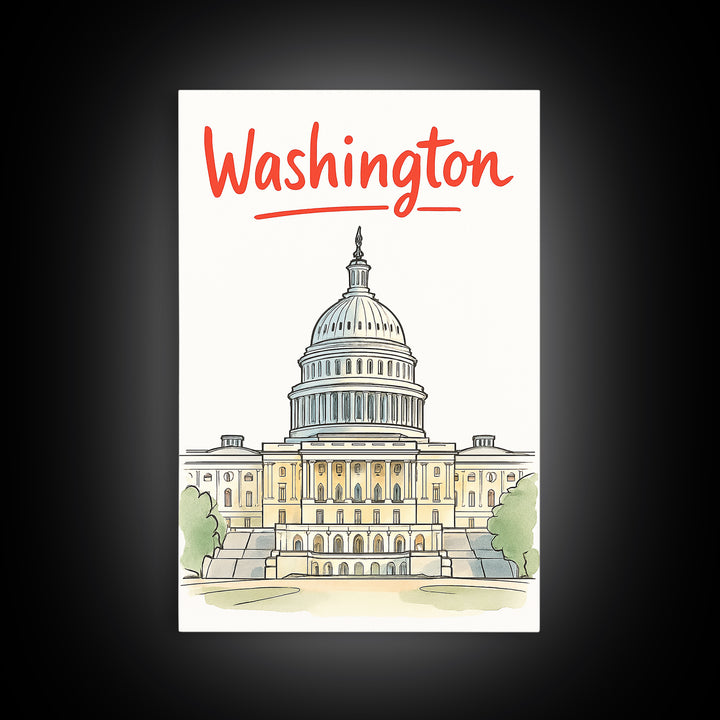 Washington Travel Poster, Framed Canvas Print, Soft Sketch Travel Art, Washington Poster Print, Travel Poster Art, City Illustration