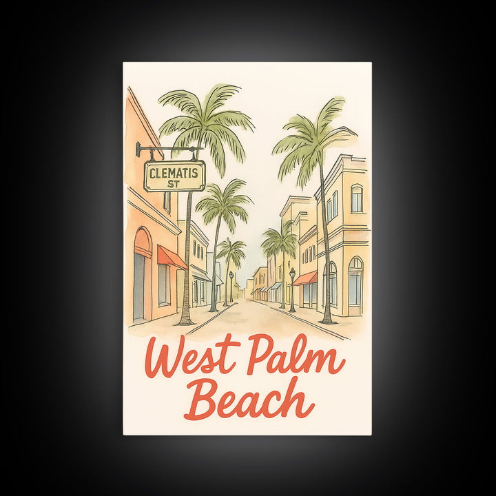 West Palm Beach Florida Travel Poster, Canvas Print, Soft Sketch Travel Art, West Palm Beach Poster Print, Poster Art, Travel Poster Set