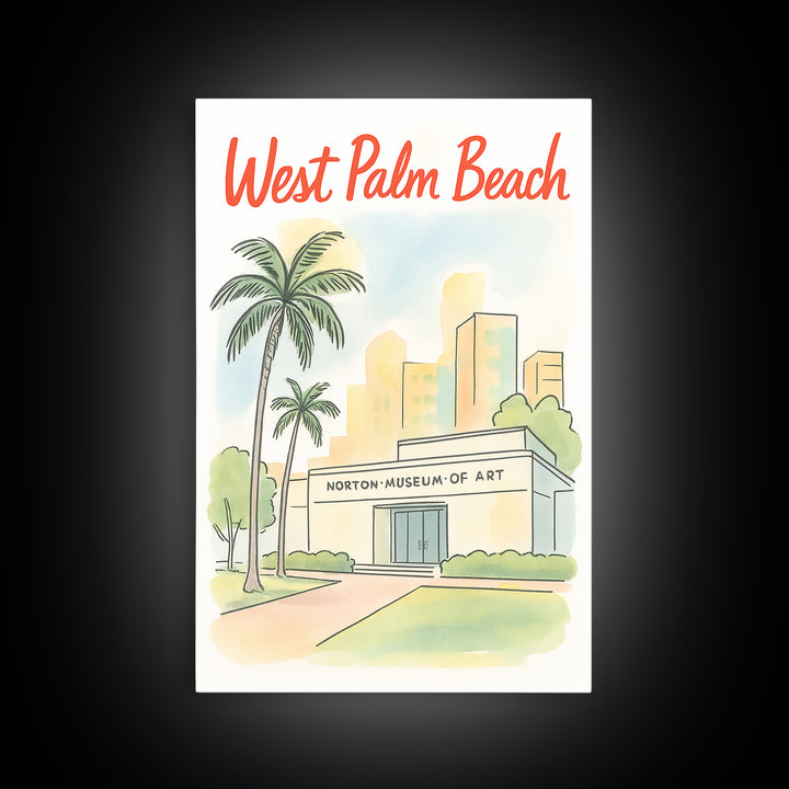 West Palm Beach Travel Poster, Framed Canvas Print, Hand Drawn Watercolor Art, West Palm Beach Wall Art, Travel Wall Decor, Fine Art Print