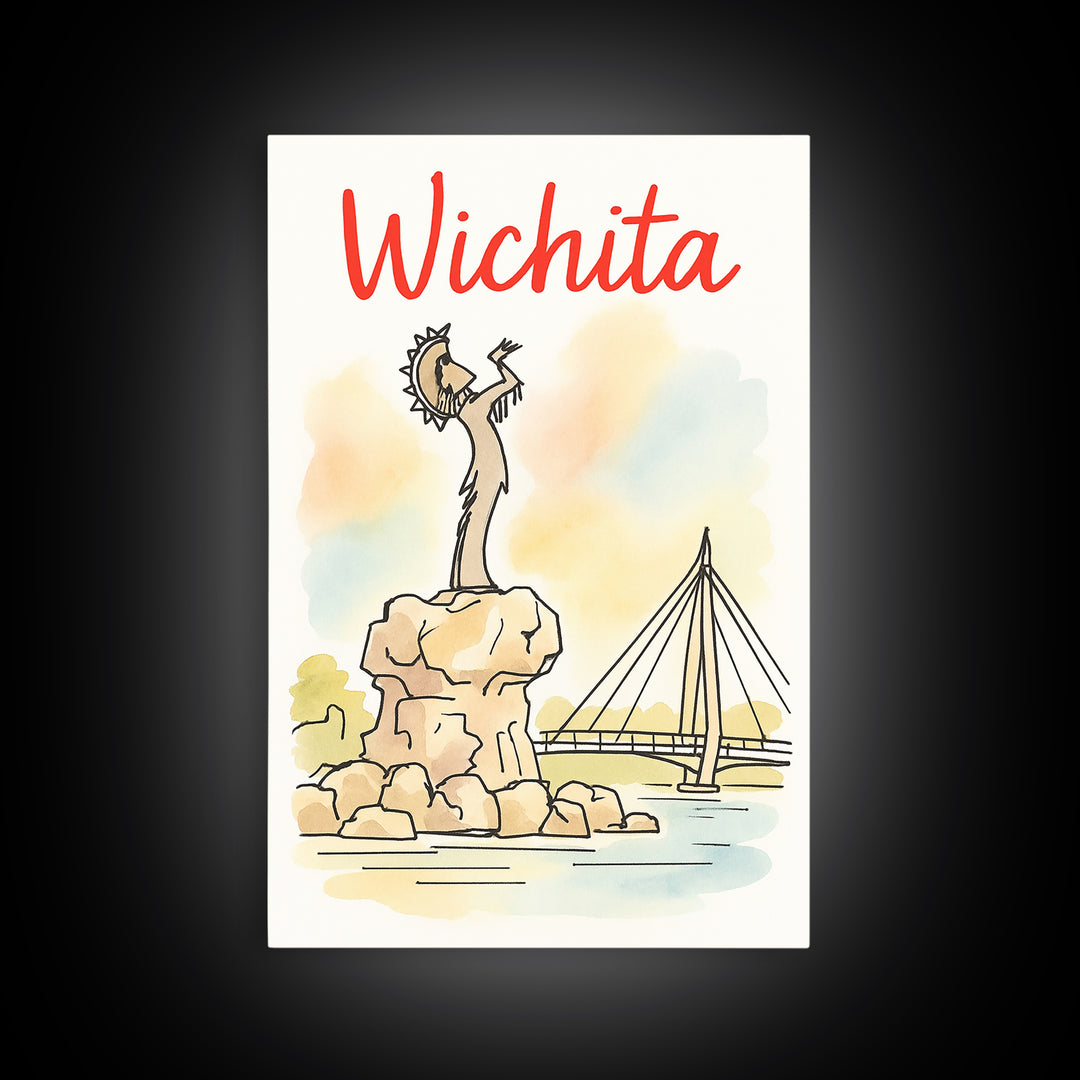 Wichita Travel Poster, Framed Canvas Print, Illustrated City Wall Art, Wichita Art Print, Mid Century Wall Art, Travel Wall Art