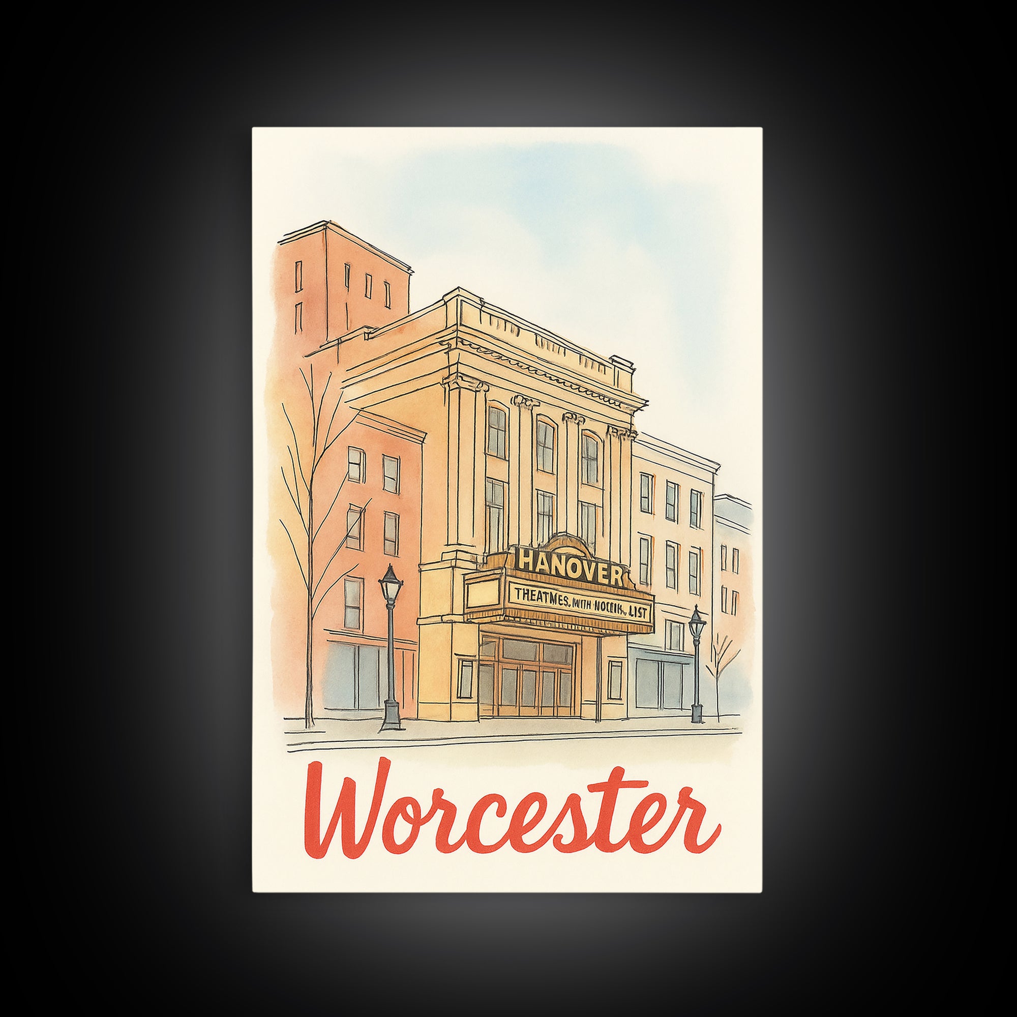 Worcester Massachusetts Travel Poster, Canvas Print, Illustrated City Wall Art, Worcester Art Print, Travel Art, Mid Century Wall Art