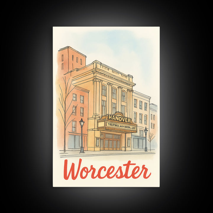 Worcester Massachusetts Travel Poster, Canvas Print, Illustrated City Wall Art, Worcester Art Print, Travel Art, Mid Century Wall Art