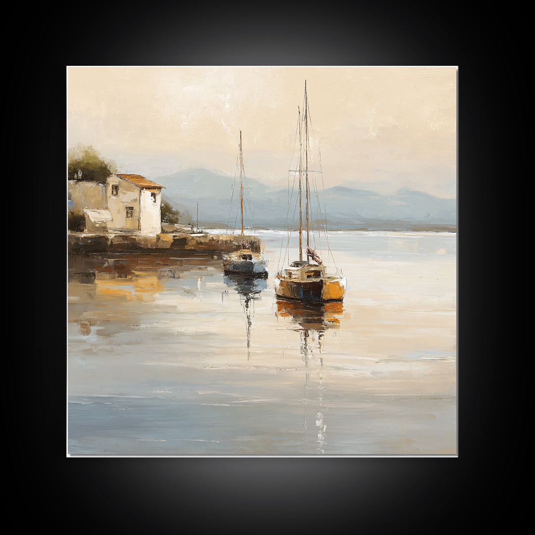 Quiet Harbor with Sailboats at Dawn Canvas Print, Hotel Art, Coastal Wall Art, Hotel Decor, Oil Painting, Boutique, HOT-1x1-22
