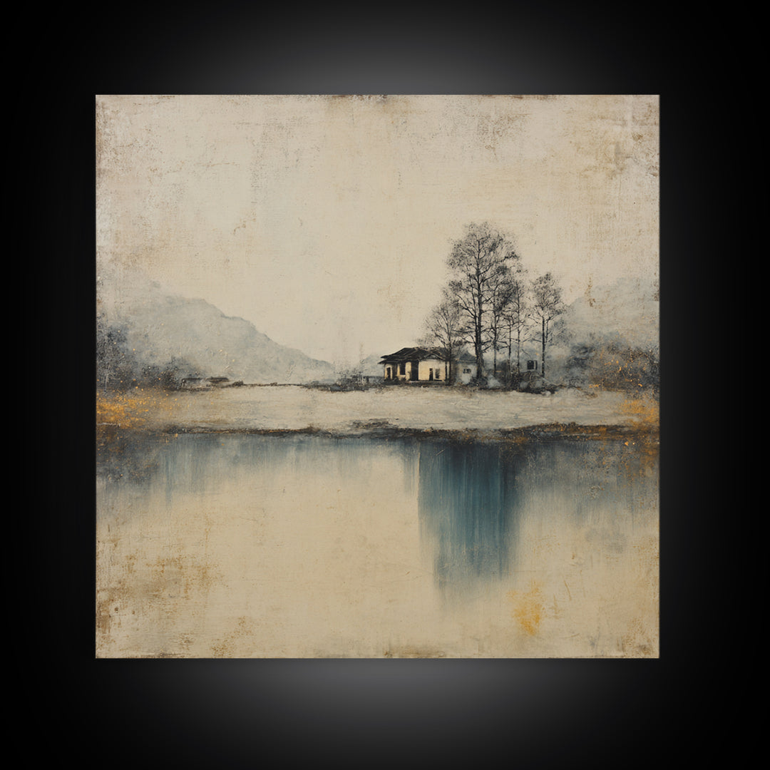 Japanese Ink Landscape Framed Canvas Print, Hotel Art, Beach Prints, Hotel Decor, Fine Art, Boutique, Room Decor, HOT-1x1-42