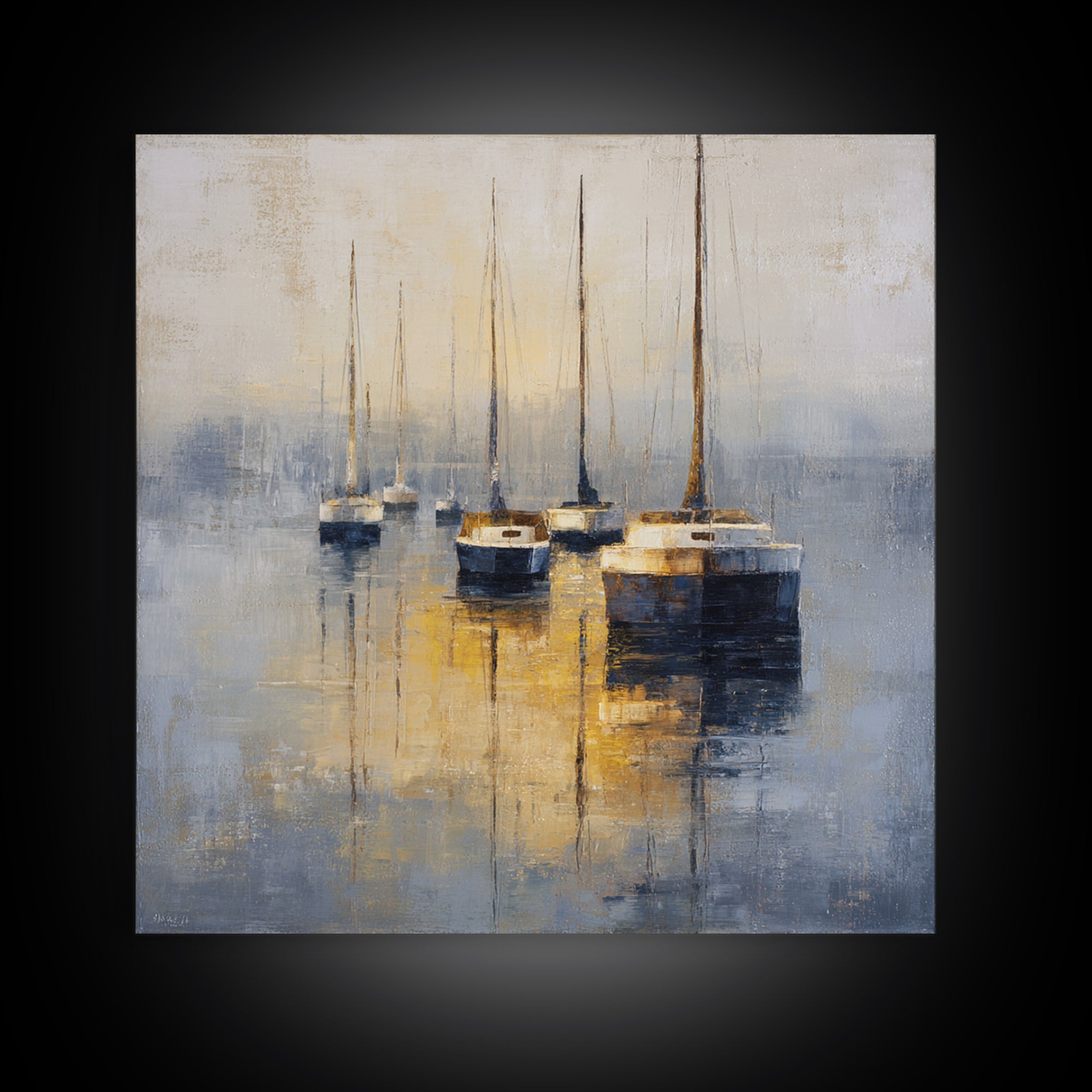Quiet Harbor with Sailboats at Dawn Framed Canvas Print, Hotel Art, Gallery Wall Set, Hotel Decor, Fine Art, Boutique, HOT-1x1-46
