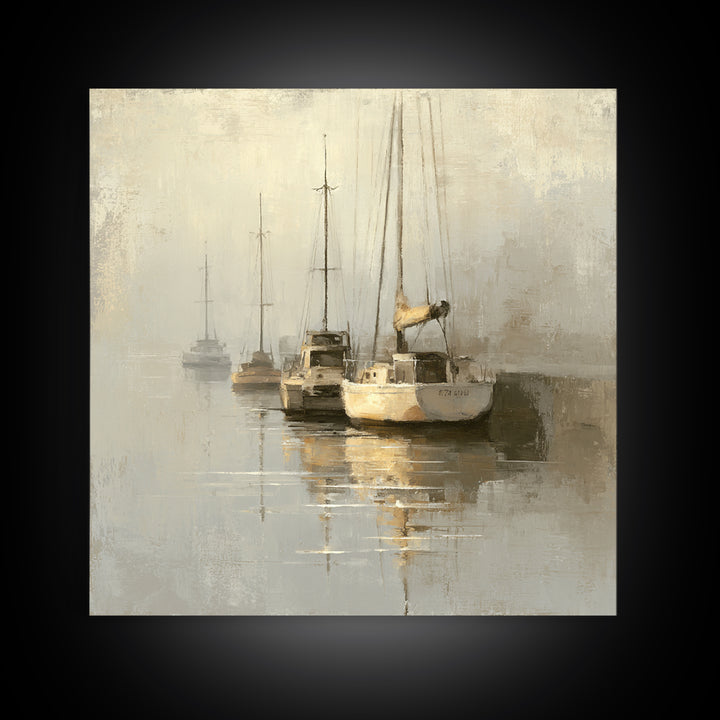 Quiet Harbor with Sailboats at Dawn Framed Canvas Print, Hotel Art, Gallery Wall Set, Hotel Decor, Fine Art, Boutique, HOT-1x1-70