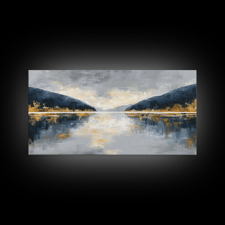 Serene Mountain Lake for Boutique Hotel Mood Framed Canvas Print, Hotel Art, Coastal Decor, Hotel Decor, Oil Painting, Boutique, HOT-2x1-100