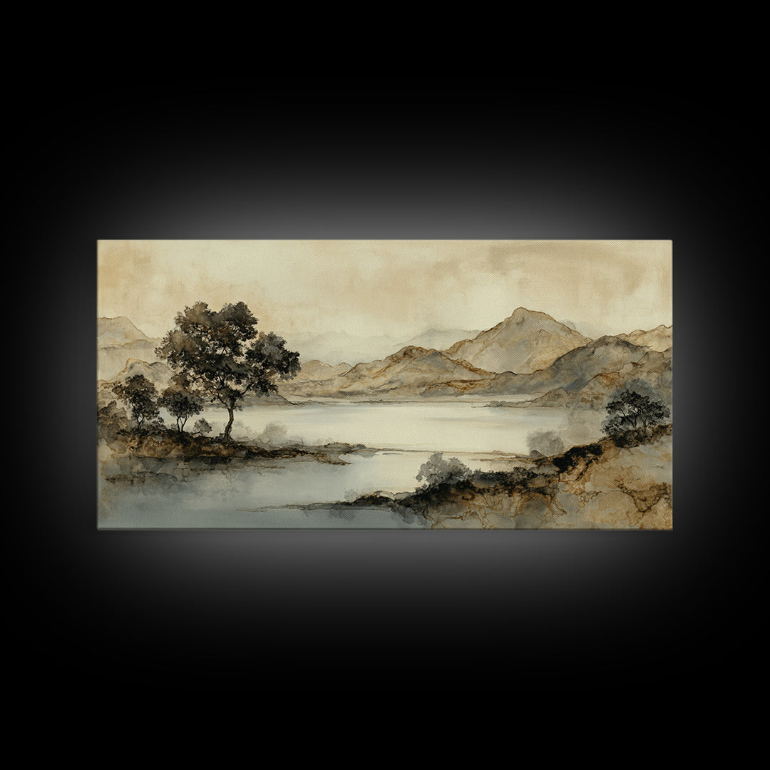 Japanese Ink Landscape Framed Canvas Print, Hotel Art, Luxury Decor, Hotel Decor, Fine Art, Boutique, Art Prints, Hazbin Hotel, HOT-2x1-14