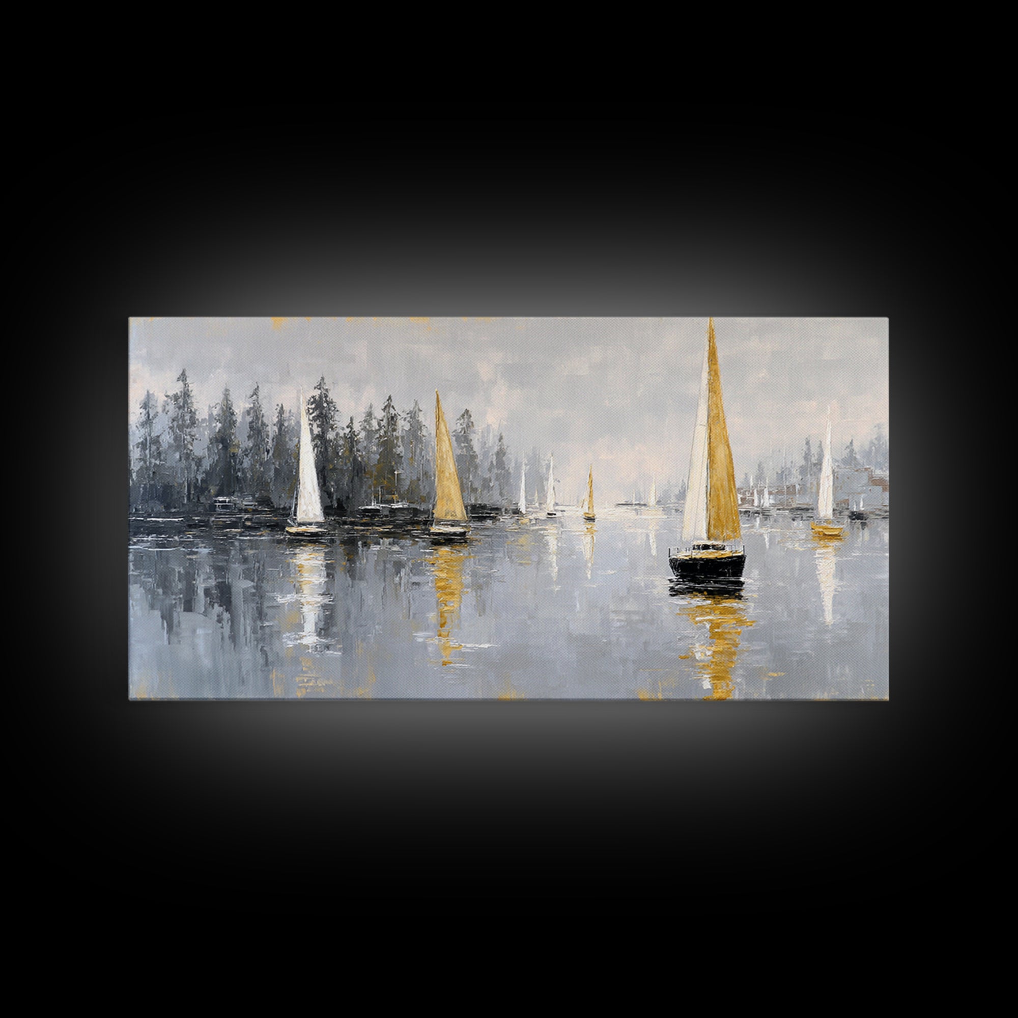 Quiet Harbor with Sailboats at Dawn Framed Canvas Print, Hotel Art, Room Decor, Hotel Decor, Fine Art, Boutique, Art Print, HOT-2x1-18