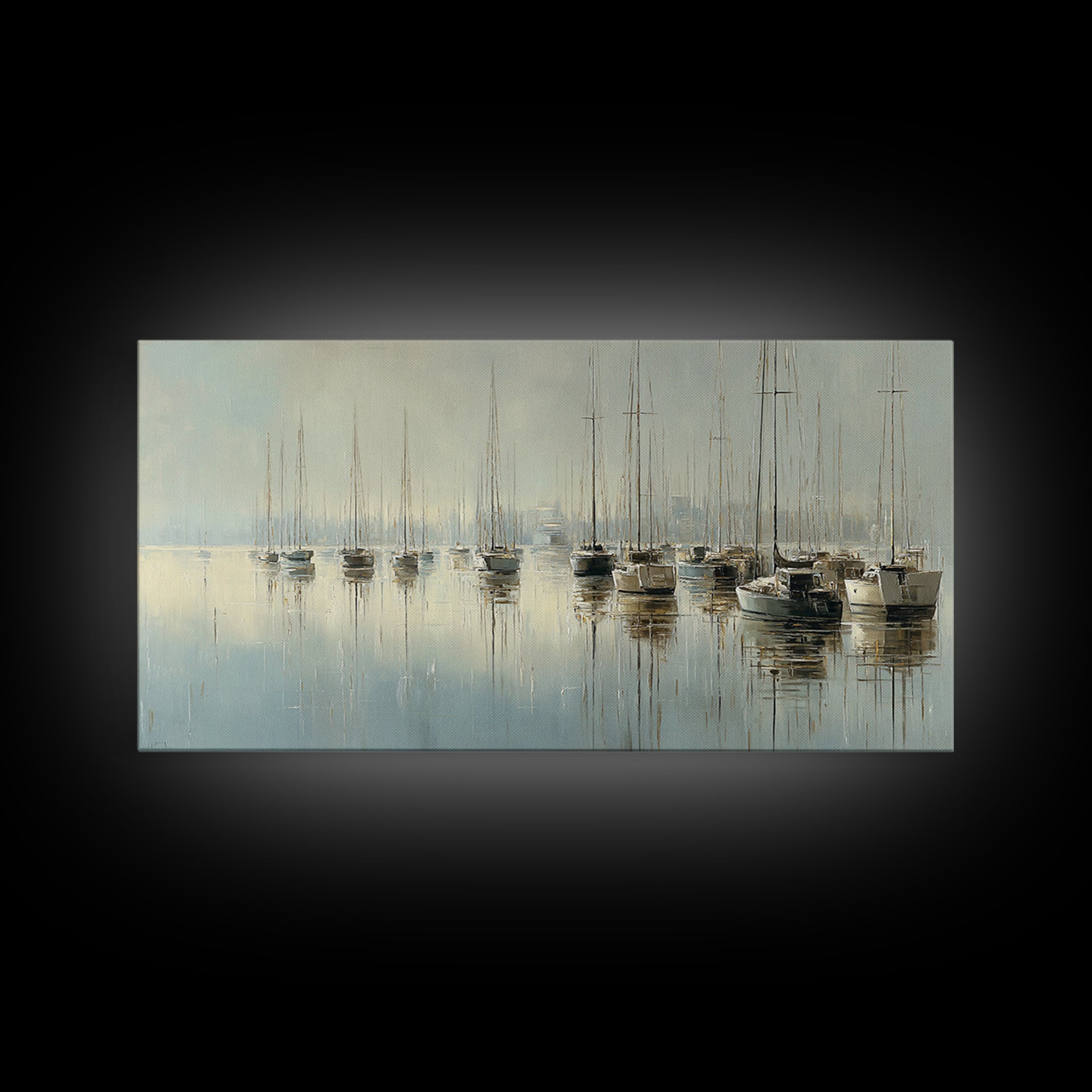 Quiet Harbor with Sailboats at Dawn Framed Canvas Print, Hotel Art, Room Decor, Hotel Decor, Fine Art, Boutique, Art Print, HOT-2x1-42