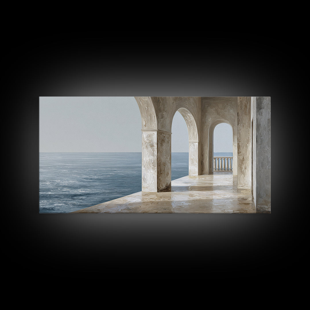 Mediterranean Terrace View Focused on Sea and Framed Canvas Print, Hotel Art, Painting, Hotel Decor, Fine Art, Boutique, HOT-2x1-7