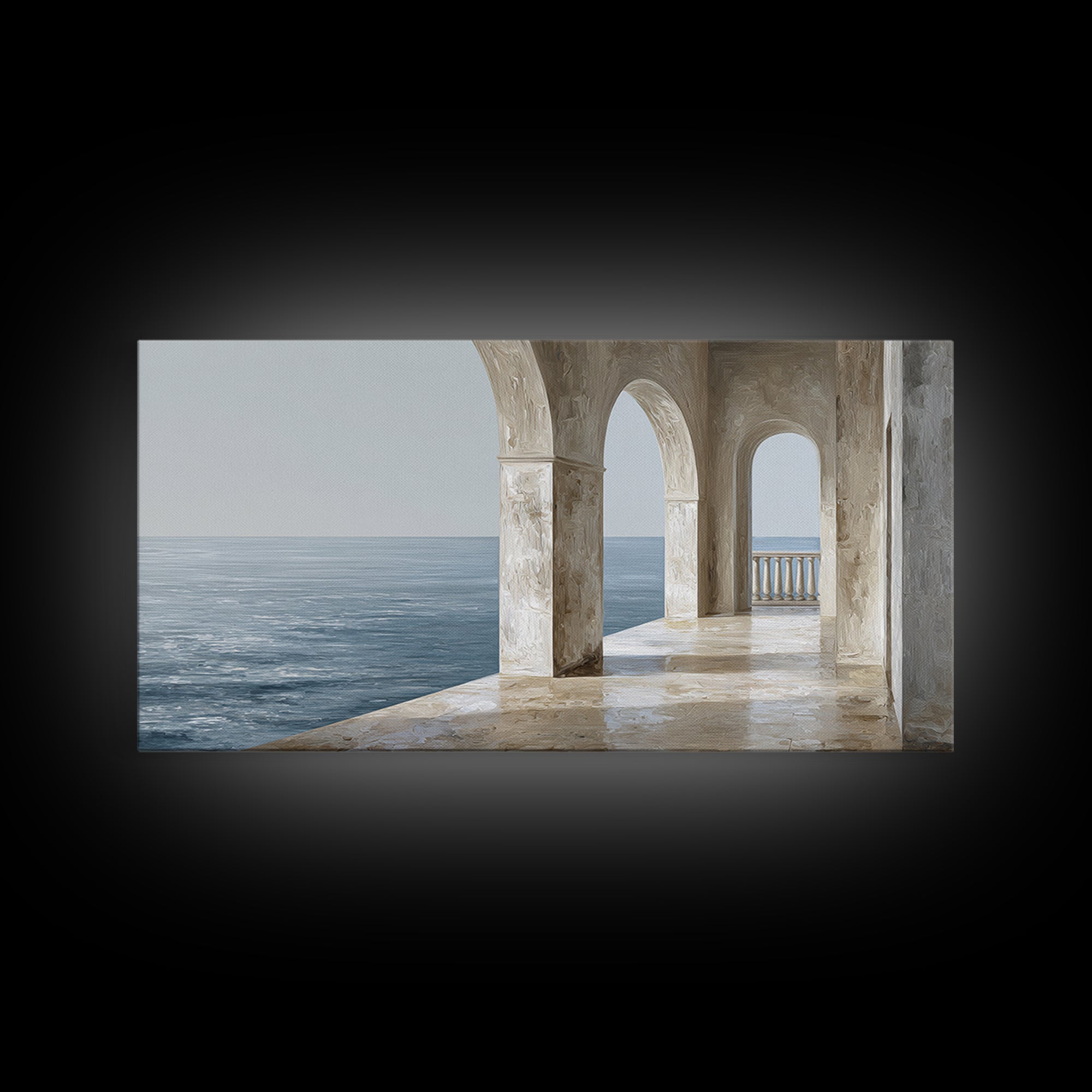 Mediterranean Terrace View Focused on Sea and Framed Canvas Print, Hotel Art, Painting, Hotel Decor, Fine Art, Boutique, HOT-2x1-7