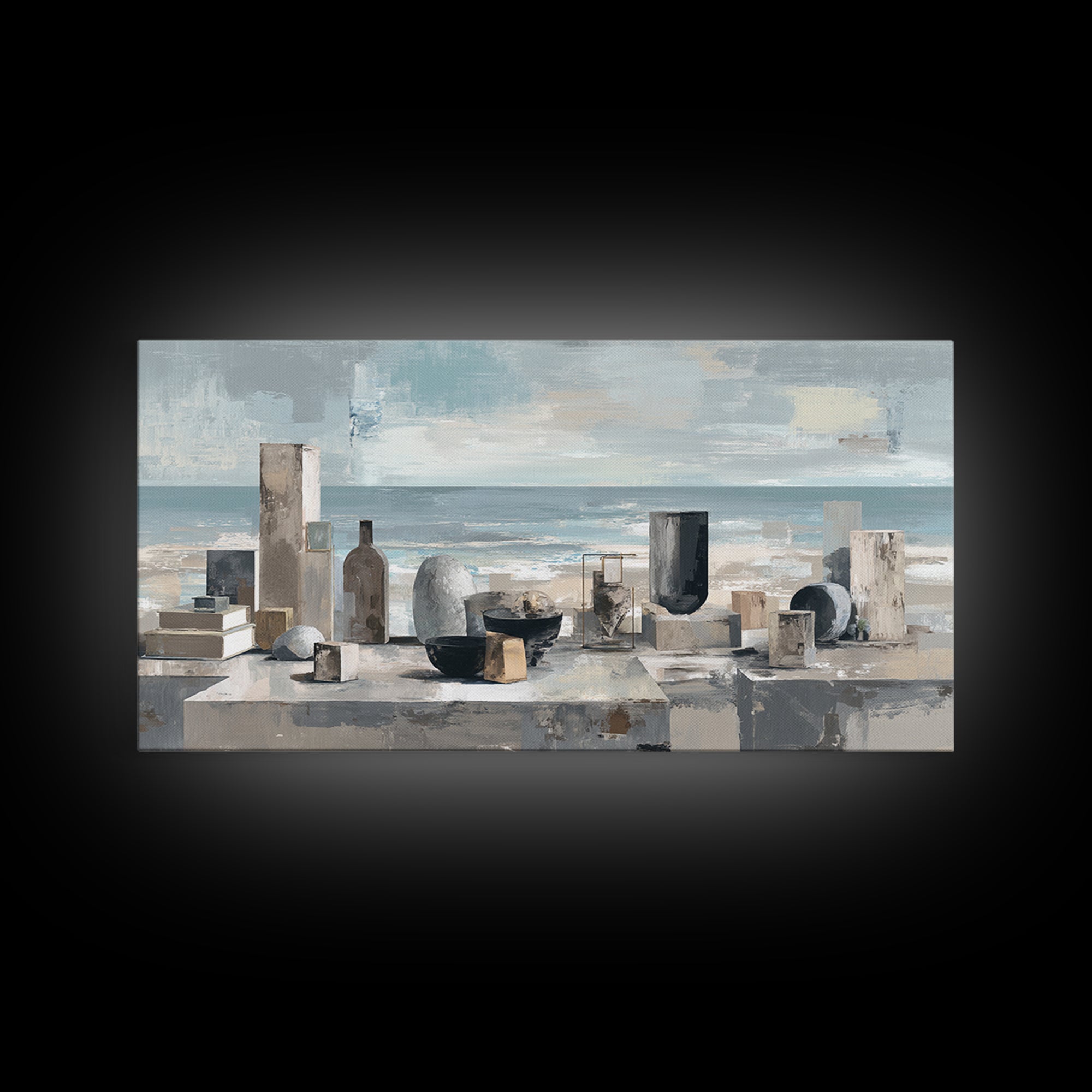 Mediterranean Terrace View Focused on Sea and Framed Canvas Print, Hotel Art, Travel Poster, Hotel Decor, Fine Art, Boutique, HOT-2x1-79