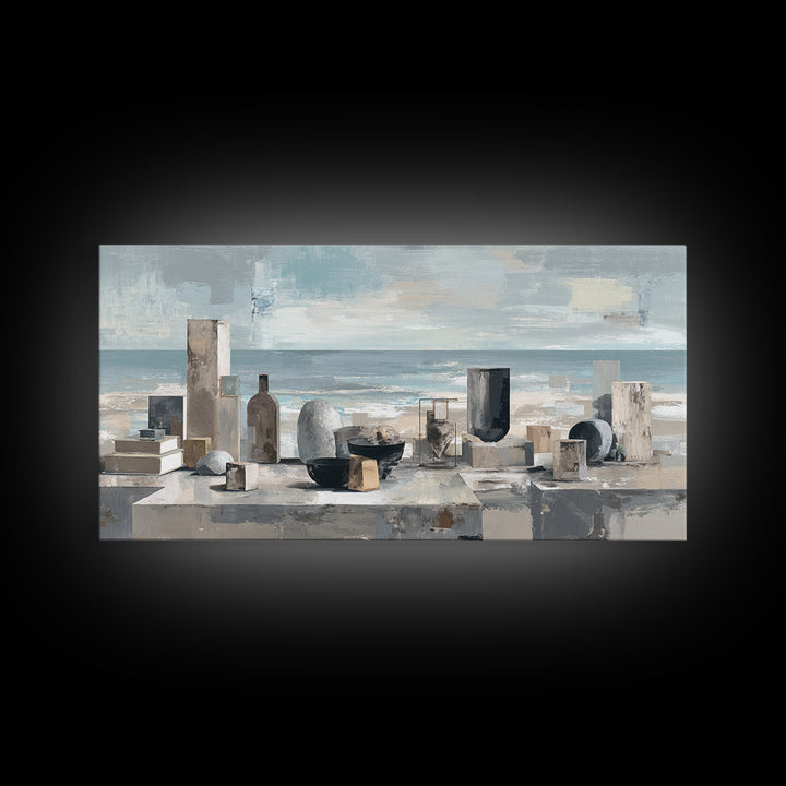 Mediterranean Terrace View Focused on Sea and Framed Canvas Print, Hotel Art, Travel Poster, Hotel Decor, Fine Art, Boutique, HOT-2x1-79
