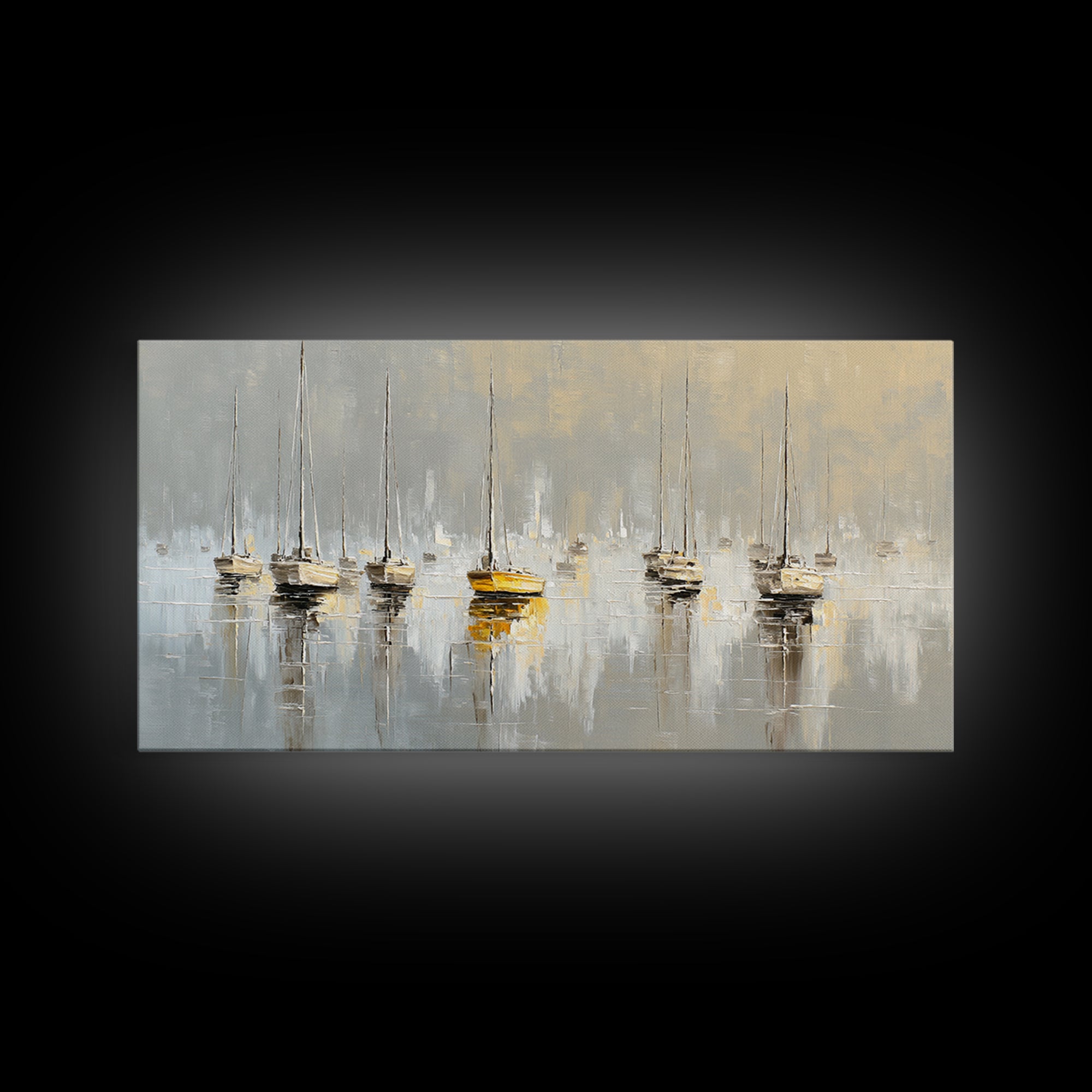 Quiet Harbor with Sailboats at Dawn Framed Canvas Print, Hotel Art, Hotel Decor, Oil Painting, Boutique, Modern Wall Art, HOT-2x1-90
