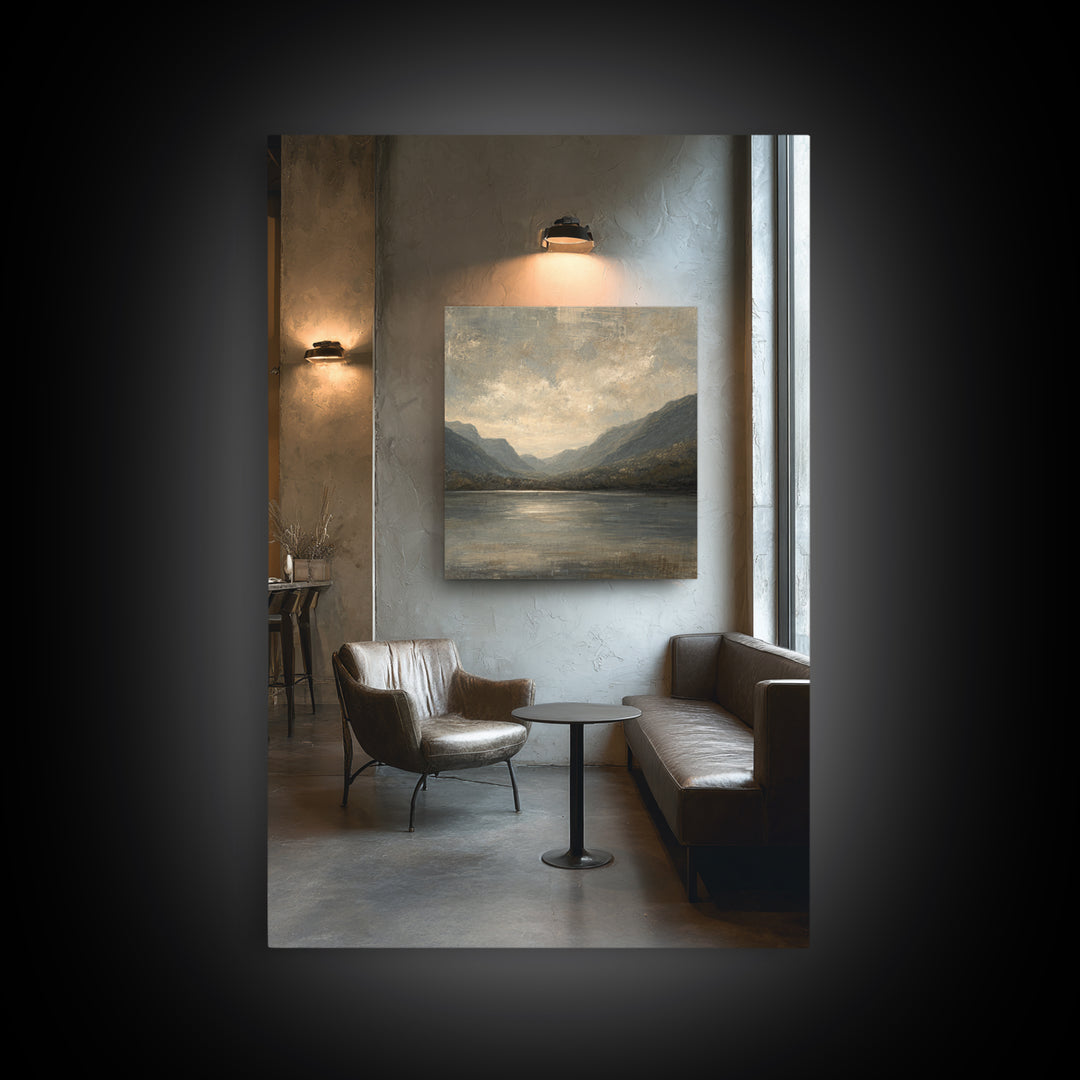 Serene Mountain Lake for Boutique Hotel Mood Framed Canvas Print, Hotel Art, Painting, Hotel Decor, Fine Art, Boutique, HOT-2x3-64