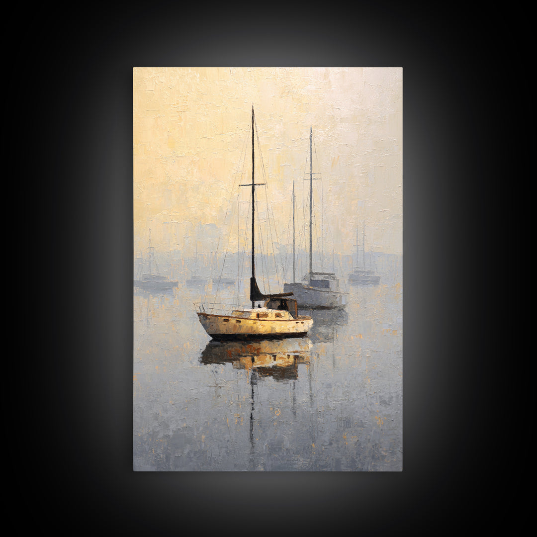 Quiet Harbor with Sailboats at Dawn Framed Canvas Print, Hotel Art, Mid Century Modern, Hotel Decor, Fine Art, Boutique, HOT-2x3-78