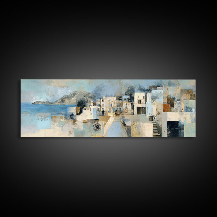 Mediterranean Terrace View Focused on Sea and Framed Canvas Print, Hotel Art, Textured Painting, Hotel Decor, Boutique, HOT-3x1-27