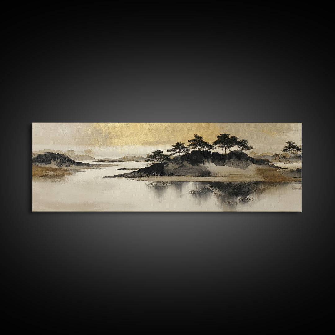 Japanese Ink Landscape Canvas Print, Hotel Art, Art Deco, Hotel Decor, Boutique, Minimalist Wall Art, Gallery Wall Art, HOT-3x1-34
