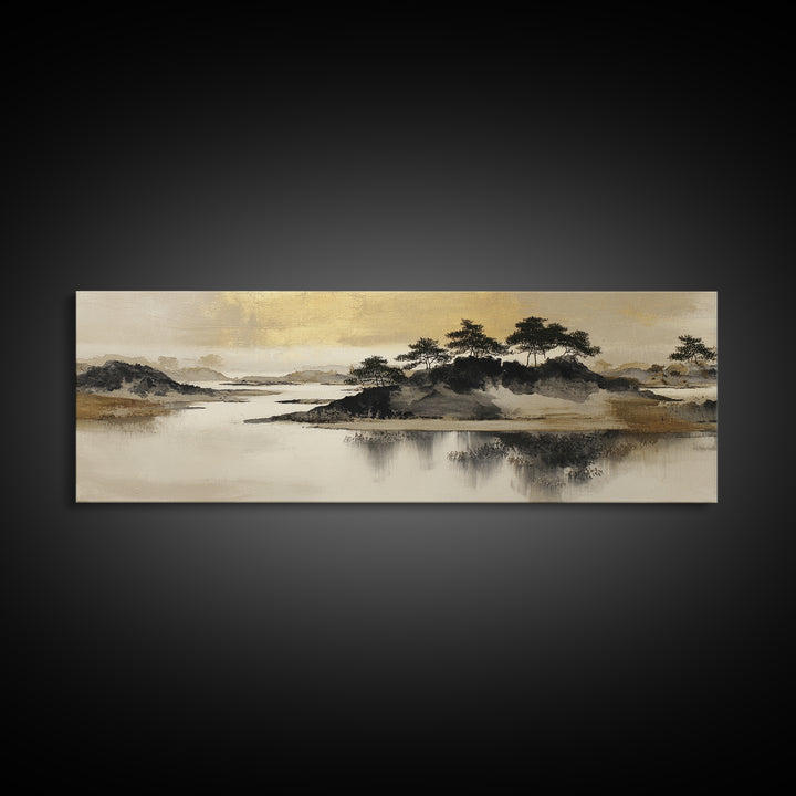 Japanese Ink Landscape Canvas Print, Hotel Art, Art Deco, Hotel Decor, Boutique, Minimalist Wall Art, Gallery Wall Art, HOT-3x1-34