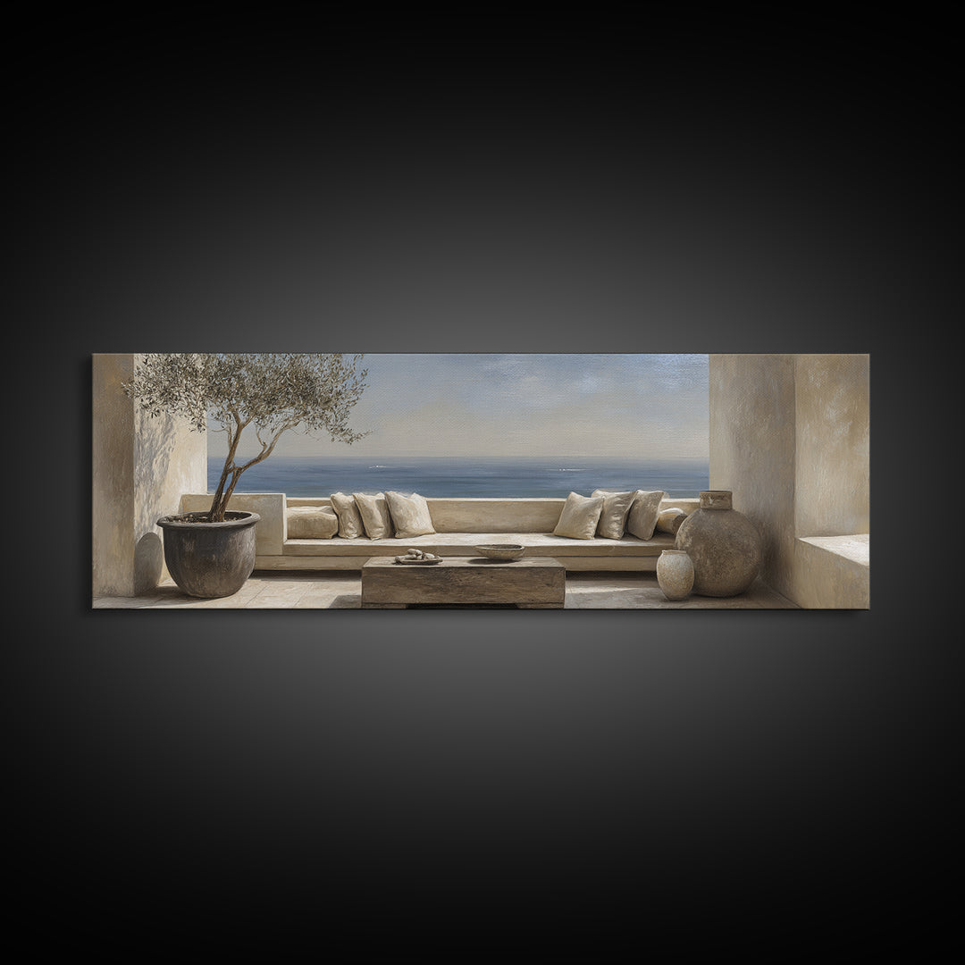 Mediterranean Terrace View Focused on Sea and Framed Canvas Print, Hotel Art, Art Print, Hotel Decor, Fine Art, Boutique, HOT-3x1-99